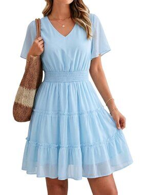 Cute Boho Beach Dress for Women - Casual Knee-Length, Short Sleeve, V-Neck